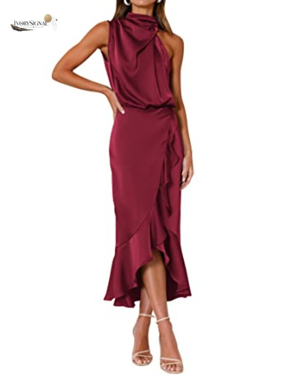 Women's Satin Mock Neck Sleeveless Wrap Bodycon Midi Dress for Wedding Guest